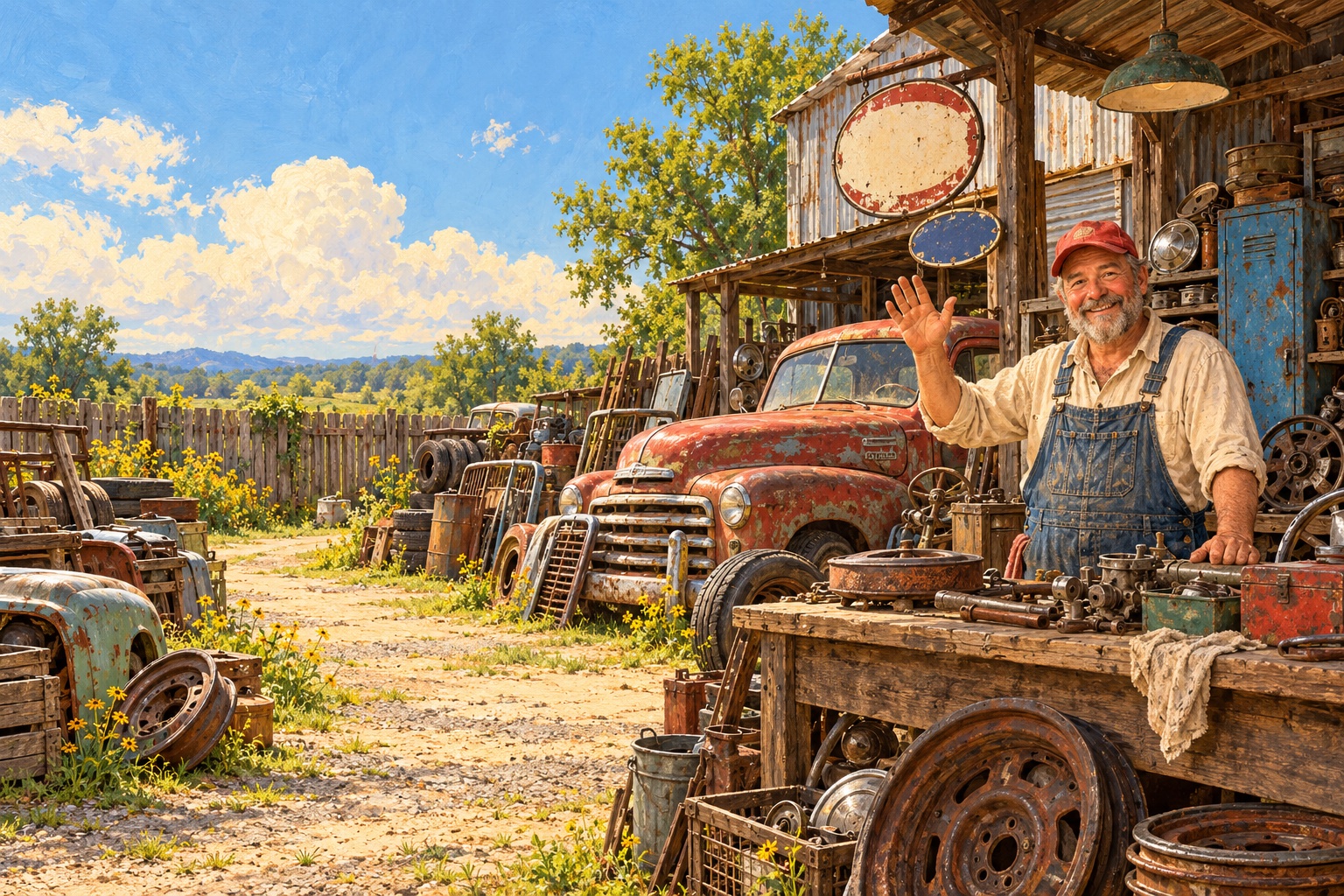 Illustration of a friendly junkyard owner waving beside a vintage pickup, salvaged parts, and a workshop.